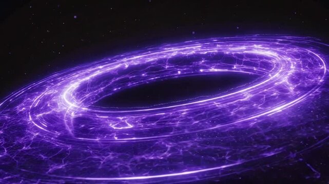 Inside dark, zero gravity tech chamber space, a radiant purple ring pulses energy. Glowing data streams plasma particles revolve electrons, powers an interstellar spacecraft