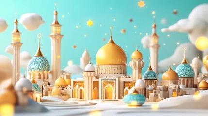 A city of mosques in a stylized, fantastical landscape.