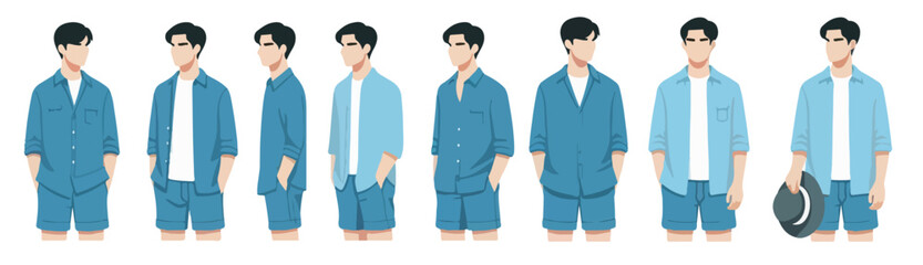 Illustration of a young man wearing summer clothes, vector set
