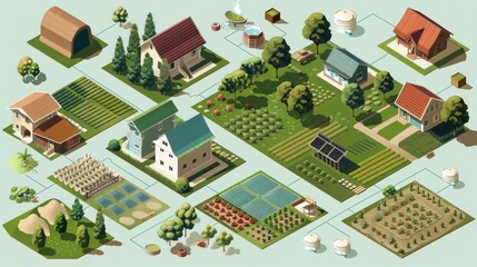 A colorful, detailed isometric illustration of a small village with houses, gardens, and agricultural fields, set against a green background.