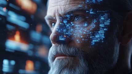 An elderly man gazes far away, his face showing an intricate web of digital and futuristic elements