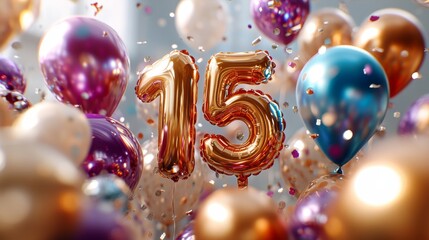 Golden Number 15 Balloons With Confetti, A Festive Background For Birthday Celebrations.