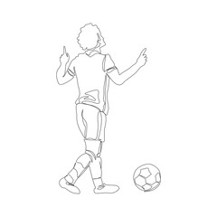 Soccer, football player kicking ball, footballer shoots and scores a goal, a player selebrating the victory isolated vector one line silhouette