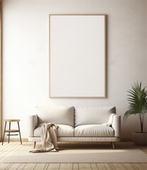 Minimalist Living Room Interior with Artwork Above Couch, Neutral Tones and Modern Furniture Style