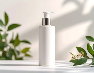 White pump bottle on table, flanked by green foliage, soft sunlight