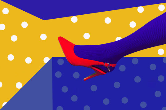 Colorful pop art image of a red heel and leg with polka dots