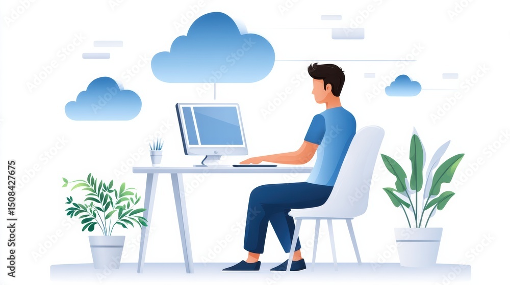 Poster a person works at a desk with a computer, surrounded by plants and clouds, symbolizing remote work a
