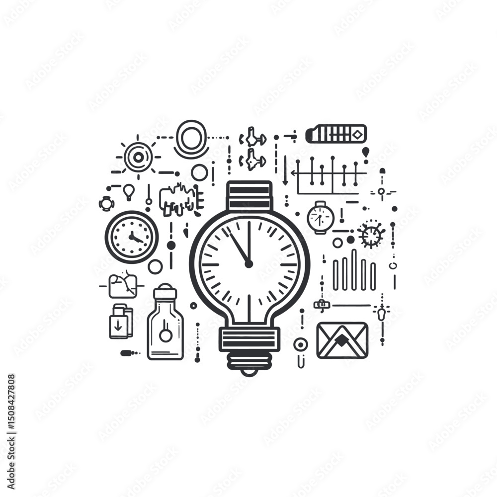 Poster time is an idea represented by a clock inside a light bulb in black and white