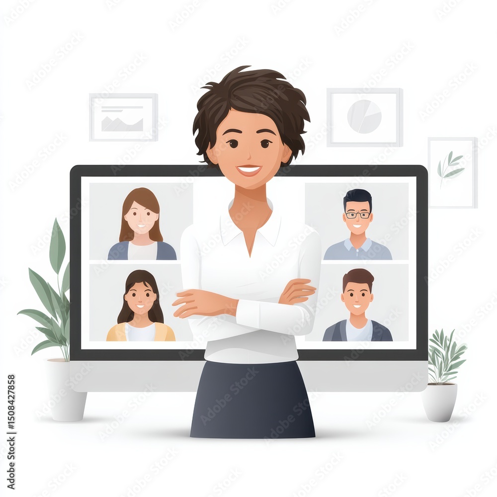 Poster a businesswoman stands confidently in front of a computer screen displaying a virtual meeting with f