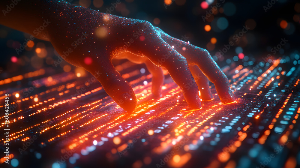 Poster a hand hovers over a surface displaying glowing binary code and particles, illustrating the interact