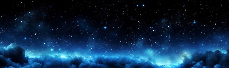 Obraz premium Black dark blue white starry cloudy night sky background. Above the clouds. Moonlight. Stars. Outer space universe infinity cosmos. Design. Dream. Fantasy. Christmas. Panorama. Wide.