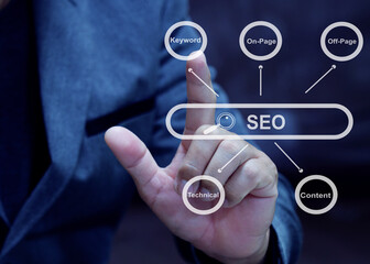 Focus on businessman's finger using AI target icon. Website SEO for search engine ranking or SEO search target on virtual screen. Artificial intelligence data technology.