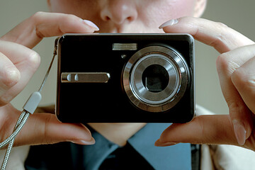 Close-up of a person holding a vintage digital camera
