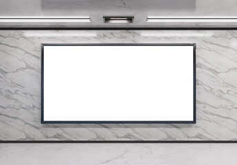 Isolated panoramic billboard on subway wall. Large frame in underground interior