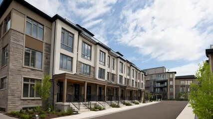 Exterior view showcases a row of modern, upscale townhouses with stone and siding, landscaped front yards, and a bright blue sky backdrop.