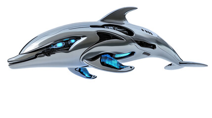 Futuristic robotic dolphin, sleek metallic grey body, glowing blue accents, detailed design isolated on transparent or white background. Generative ai