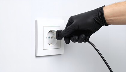 Close-up of a gloved hand plugging a black power cord into a white electrical outlet on a white wall, demonstrating electrical safety and connection.