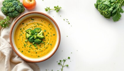 create a pastel style artwork featuring a bowl of broccoli soup on the left with ample white space on the right for text overlay