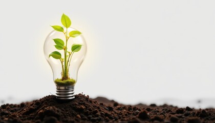 create a visual metaphor for renewable and sustainable energy, an eco friendly lightbulb with plants glows on the left side of a white background