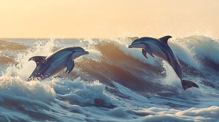 Fototapeta premium Dolphins playfully surfacing among powerful rolling waves, surrounded by sparkling sea spray, with a clear sky of pale orange and lavender tones in the background.
