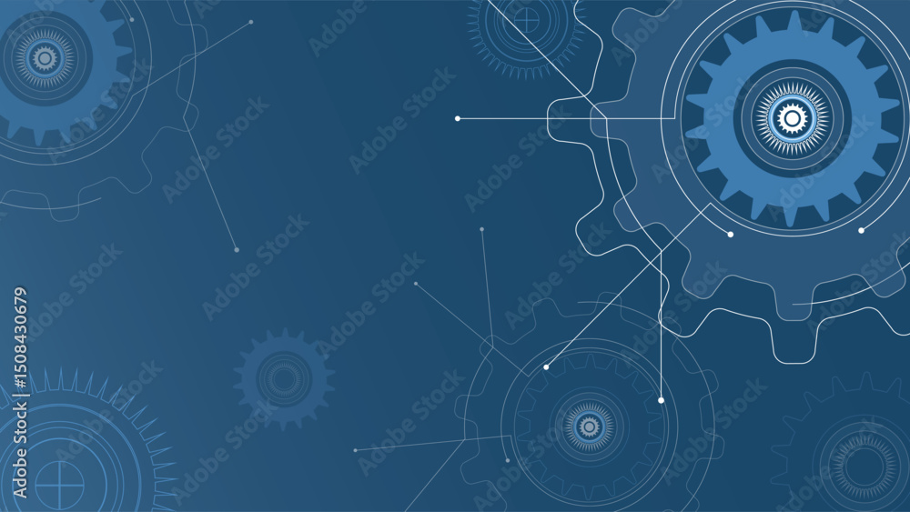 Poster abstract illustration featuring mechanical gears and connecting lines on a blue digital technology b