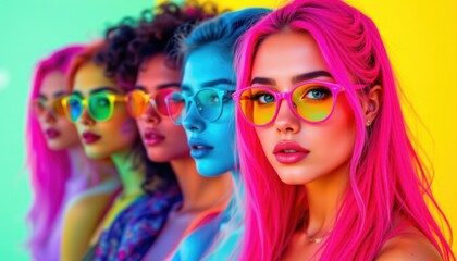 Obraz premium create a vibrant and eye catching collage featuring young people in neon colors, set against a bright, high noon backdrop