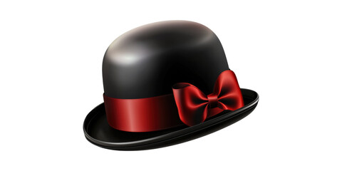 Black Bowler Hat With Red Ribbon And Bow. Classic Fashion Accessory Isolated On Transparent Background