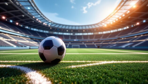 20250522151443list 22 create a 3d illustration of a football in the center of a futuristic indoor soccer field or stadium with glowing white lines background, under a midday sun
