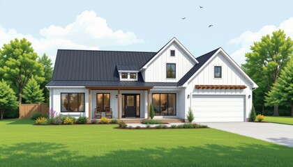 Obraz premium create a modern farmhouse illustration with a sleek exterior and contemporary accents, the subject of the image should be on the right side