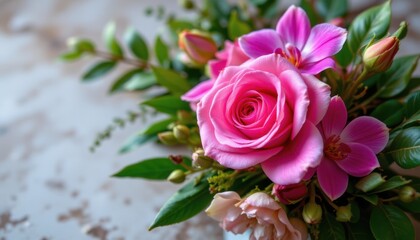 Obraz premium create a captivating floral arrangement featuring a pink rose and tropical orchid flowers surrounded by green leaves