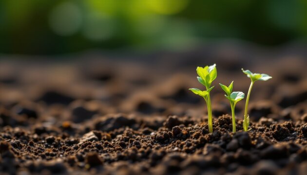 20250522151443list 61 seedlings sprouting in fertile soil on the right side of the image, with ample white space on the left for textual content.