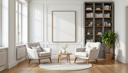 create a photo of an elegant interior design featuring a chic living area, office lounge, or home library, the setting should have white walls, a wooden floor, two cozy armchairs
