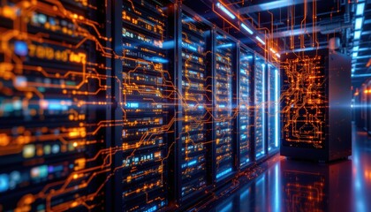 Fototapeta premium 20250522151443list 81 create a digital art piece depicting a puter data center with neural network connection, showcasing the flow of digital information through networks