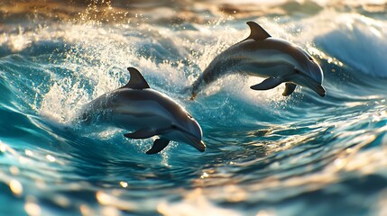 Naklejka premium Dolphins racing just below the surface of transparent aqua waves, with splashes trailing behind them and light refracting through the water onto their backs.