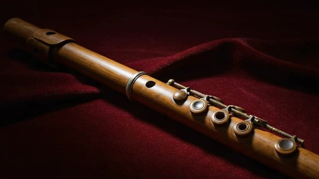 Antique wooden flute lying on a red velvet cloth background
