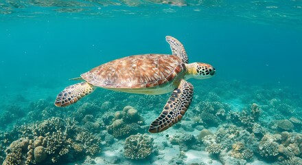 Obraz premium Majestic Sea Turtle Gracefully Navigating Vibrant Coral Reef