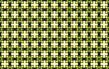 seamless pattern with green cross flowers and square on yellow background repeat style, replete image design for fabric printing, dot round purple flower, patter print, grid