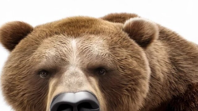 Impressive brown bear with open mouth showing large teeth and fur detailed against a solid white background, a symbol of wildlife and power