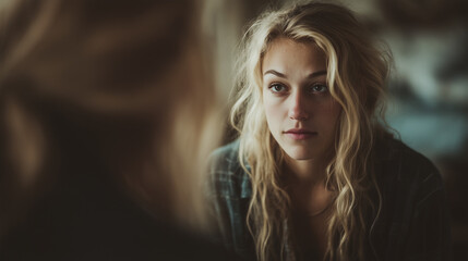 woman looking at herself in a mirror, confident gaze, soft lighting and blurred background