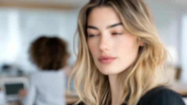 portrait of retoucher positioned on left side of frame with focused and attentive expression