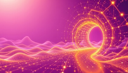 image of hexagonal tunnel in seamless pattern over pink digital waves against purple background global networking and business technology concept photo