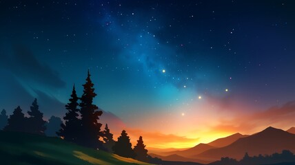 イラスト調の夜空に輝く星の背景