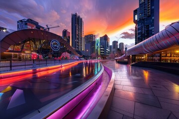 Urban landscape at sunset featuring modern architecture, elevated walkways with neon lighting, and a vibrant sky.