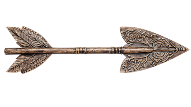 Ornate, bronze-colored arrowhead with detailed carvings on both sides, mounted on a wooden shaft isolated on transparent or white background. Generative ai