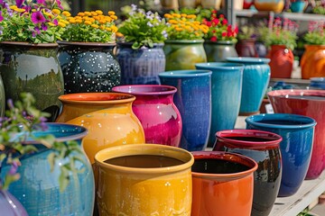 Close-up of a diverse collection of vibrant, glazed ceramic pots and planters, some containing flowers, arranged on a shelf.