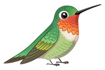 Obraz premium Colorful tropical bird of paradise with a hummingbird on a branch, an exotic nature vector illustration of a flying wildlife animal with green feathers and a distinctive beak