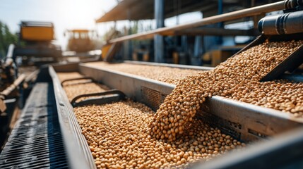 Soybeans on Conveyor Belts with Agricultural Machinery