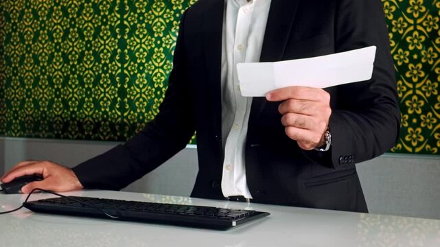 Close-up of airline staff at airport check-in counter, holding a boarding pass and typing on keyboard, providing professional travel assistance and passenger service before flight departure.