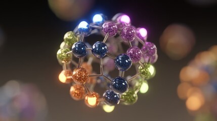 Detailed 3D molecular structure model with metallic bonds connecting vividly colored spheres in shades of blue, purple, green, and orange, featuring glittery textures for a sparkling effect, set again