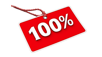 Red tag with "100%" in white, 3D style, attached by a string.  Perspective view isolated on transparent or white background. Generative ai